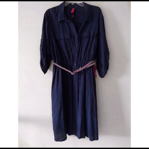 Navy Blue Belted Button-front V-neck Collared Midi Dress Size L - Picture 1 of 2